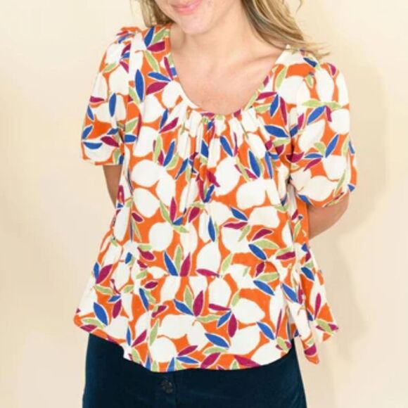 Compania Fantastica Estampado Floral Ruffle Hem Round Neck Blouse Women's Small - Picture 1 of 9